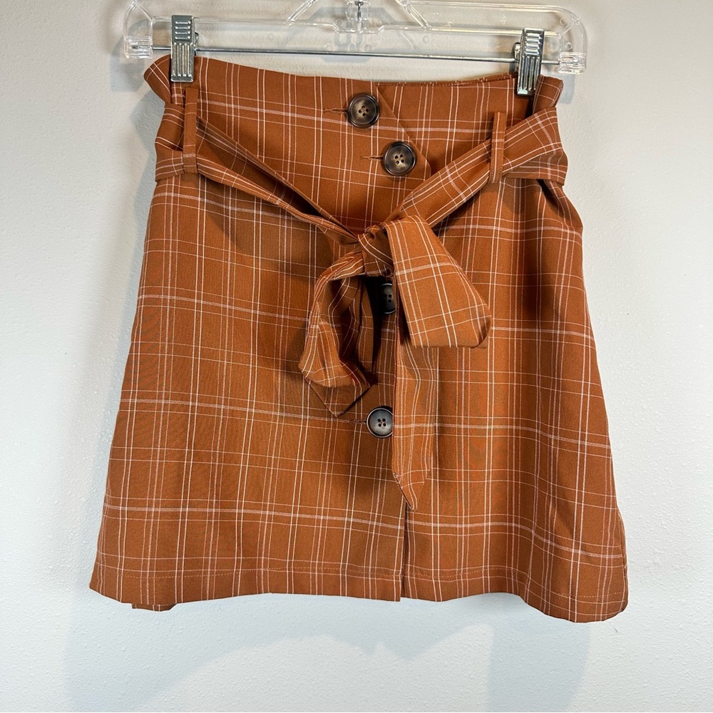 Alythea Plaid Orange Brown Button Down Mini A-Line Skirt Tie Front Belt Preppy